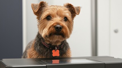 A small, brown terrier dog with a collar sits in front of a printer in a modern indoor setting.
