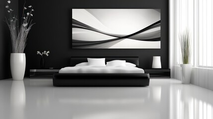 Modern minimalist bedroom interior design black and white decor abstract artwork