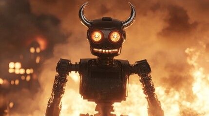 Metallic robot with horns in fiery scene glowing eyes dark metal orange and yellow flames destruction dystopia artificial intelligence