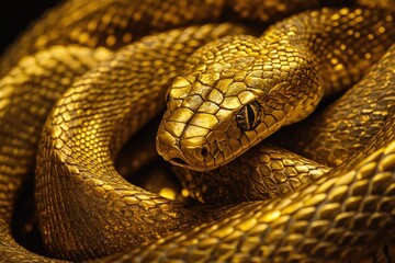 Obraz premium A close-up view of a shimmering golden snake coiled elegantly. showcasing its intricate scale patterns. surrounded by a soft. dark background that enhances its luxurious appearance