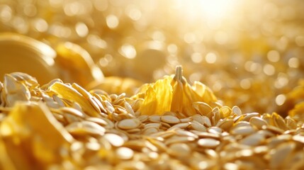 Golden pumpkin seeds and pulp autumn harvest closeup