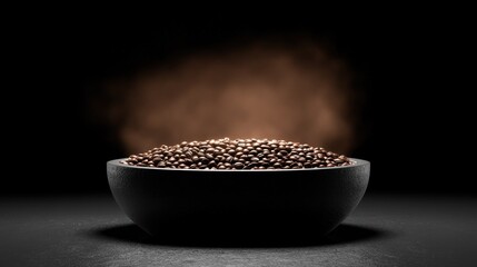 Roasted coffee beans in dark bowl brown vapor studio shot