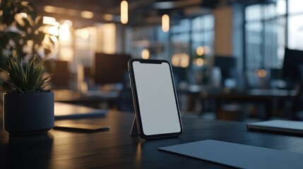 Blank smartphone screen mockup on modern office desk