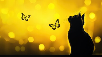 A black cat watches butterflies against a glowing yellow bokeh background, creating a dreamy and whimsical scene.