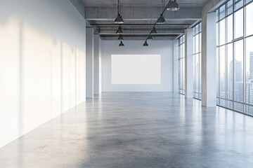 Modern office interior showcasing a spacious design with large windows offering a city skyline view. featuring a blank wall for presentations or artwork display