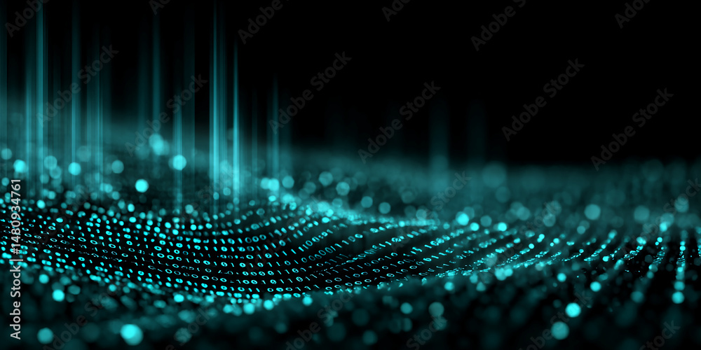 Poster abstract teal digital wave with binary code, creating a flowing, technological aesthetic symbolizing