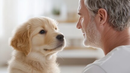 A man and a golden retriever puppy share a tender moment, looking into each other's eyes in a cozy indoor setting.