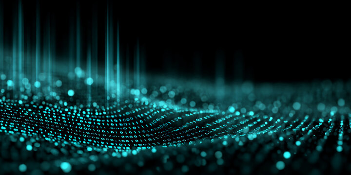 Abstract teal digital wave with binary code, creating a flowing, technological aesthetic symbolizing data, innovation, and digital transformation
