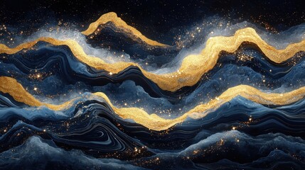Abstract art depicting swirling, luminous blue and gold waves, interspersed with glittering particles, suggesting a celestial or ethereal landscape