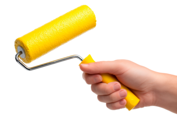 Hand holding yellow paint roller, isolated on transparent background — ideal for renovation or painting concept visuals.