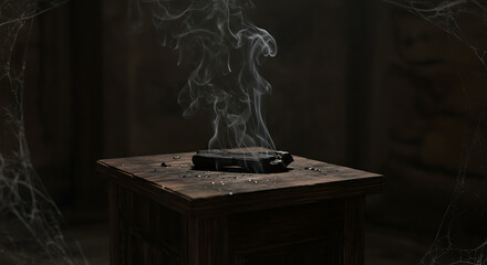 Ethereal wisps of delicate grey smoke curl gracefully upwards from a smoldering disc, perhaps incense or a forgotten offering, resting on a small, rustic wooden pedestal.