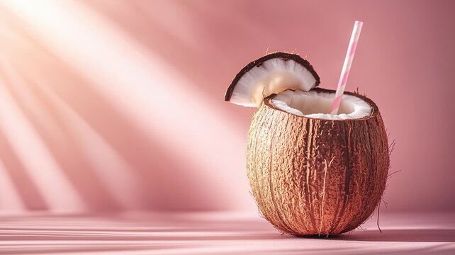 World coconut day with tropical drinks idea. Coconut drink with straw on a pink background. - Powered by Adobe