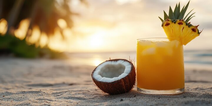 World coconut day with tropical drinks idea. Tropical drink on the beach at sunset with coconut shell. - Powered by Adobe