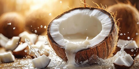 World coconut day with tropical drinks idea. Coconut with flowing milk and chunks splashing around.