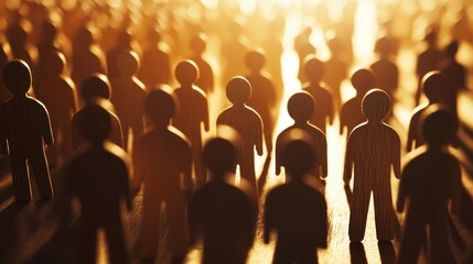 Obraz premium Golden hour crowd wooden figurines representing unity and togetherness