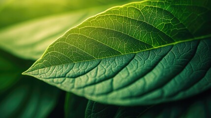 Obraz premium Close-up of a vibrant green leaf showcasing intricate vein patterns. with a blurred natural background highlighting the beauty of foliage in a serene outdoor setting
