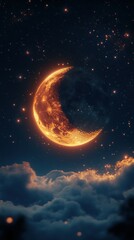 Fototapeta premium Fiery crescent moon over night clouds