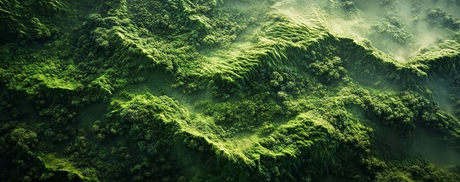 Aerial view of a vibrant green algae bloom thriving in a body of water. The texture and color of the algae are strikingly detailed, showcasing the beauty and complexity of nature's ecosystems.