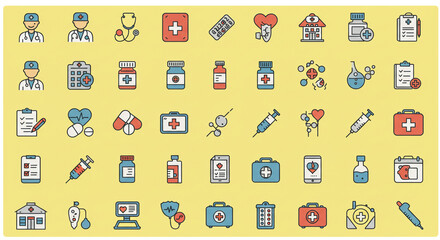 Fototapeta premium Medical Icons Healthcare Hospital Doctor Pills Clinic First Aid Syringe