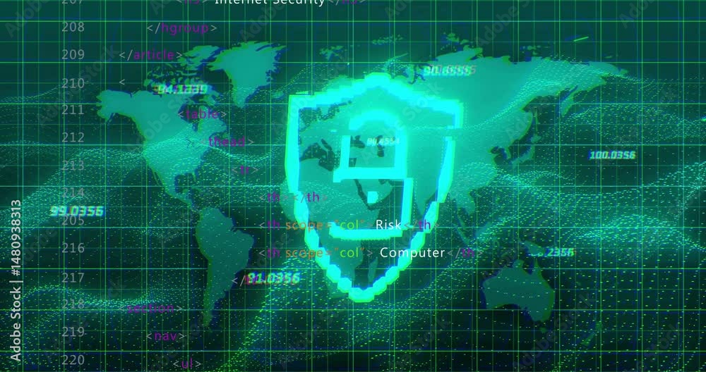Poster Pixel-art shield icon being animated over world map with neon grid, code snippets and data clusters