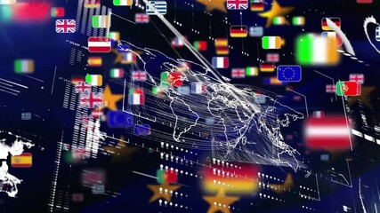 Animated wireframe world map floating on dark navy UI showing network lines connecting flag icons - Powered by Adobe