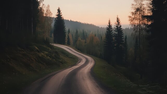 Winding Road Through a Dense Forest at Sunset