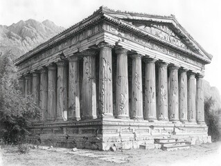 Obraz premium A majestic ancient temple, partially ruined, stands proudly amidst a landscape of mountains and trees. 