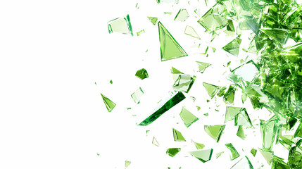 A broken green glass design with scattered shards, providing ample copy space on a clean background. [Mirrored Realms] | Glitched Reflection | broken copy. Illustration