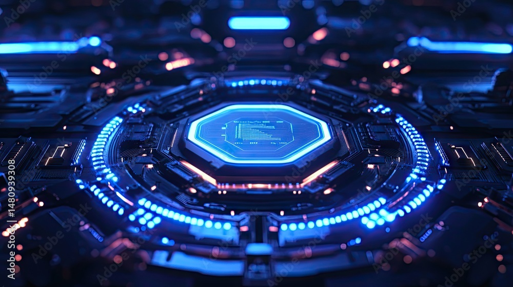 Poster a futuristic. abstract close-up of a hexagonal digital circuit board with glowing blue elements. sho