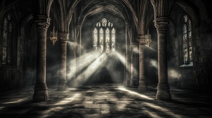 Obraz premium A hauntingly beautiful medieval cathedral interior with gothic arches. soft candlelight illuminating the misty atmosphere. and stained glass windows casting colorful shadows