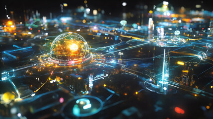 Futuristic Cityscape at Night: Network of Glowing Lines and Bright Lights