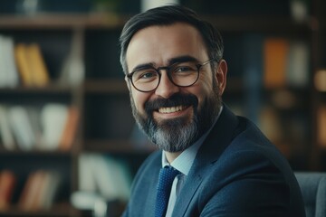 Fototapeta premium Joyful Male Lawyer in Modern Office Setting - Close-Up Portrait with Grey Accents
