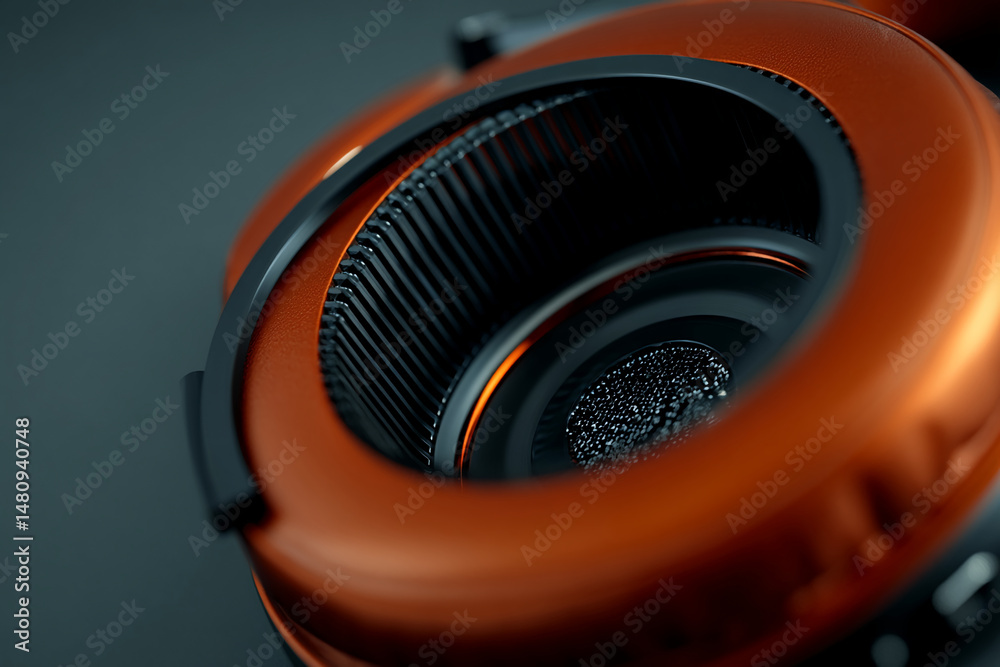 Poster close-up of orange metallic texture with black inner details, showcasing a circular design element, 