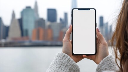 Woman holding smartphone with blank screen city background