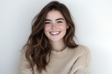 Fototapeta premium Joyful Portrait of an Attractive Young Woman Laughing in Beige Sweater on Bright Background