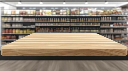 Empty wooden tabletop against blurred supermarket shelves background