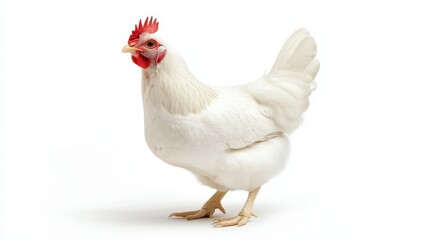 Fototapeta premium Close-up of a vibrant Rhode Island Red hen standing alert and facing forward on a white background, studio shot.