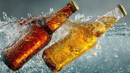 Brown and Golden Beer Bottles Colliding with Water Splashes on White Background