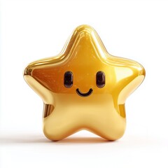 Shiny gold metallic star element with happy emoji face on plain bright white background no shadows, 3D render
