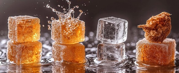 Cubes of translucent amber confectionery and clear ice cubes, arranged in stacks, sit on a dark reflective surface with water droplets