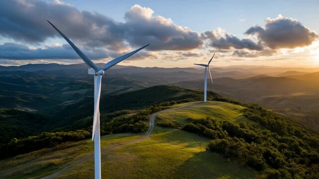 This breathtaking landscape features wind turbines on rolling hills at sunset, symbolizing renewable energy and the beauty of nature working together in harmony.