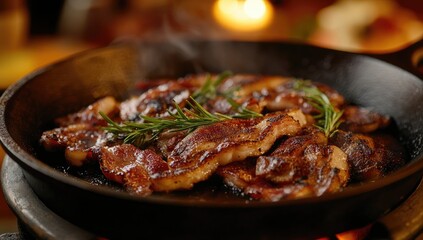 A sizzling cast-iron skillet filled with crispy bacon. steam rising. set against a warm. rustic kitchen backdrop with a glowing fireplace. evoking a cozy cooking atmosphere