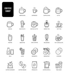 Set of coffee related vector line icons. Contains such Icons as espresso, cappuccino, latte, tea, milkshake, pie, cake and more.