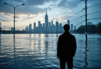 Man stands in floodwaters while watching skyline of New York City during early morning