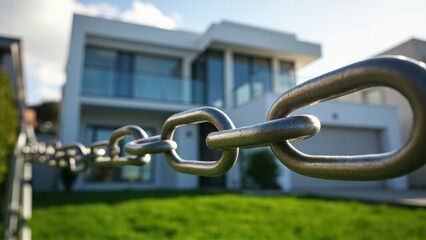 Obraz premium Close-up of metal chain in foreground with blurred modern house and green grass in the background outdoors. Security and property investment concept