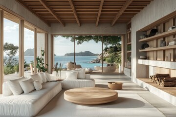 Obraz premium Expansive modern living room with large windows showcasing a scenic lake view. featuring cozy furnishings. natural light. and a serene atmosphere perfect for relaxation