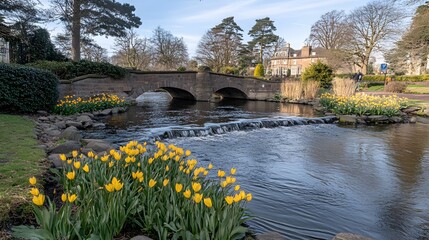 Fototapeta premium Serene Stone Bridge River Scene with Yellow Tulips