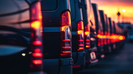 Row of parked vans at sunset, rear lights glowing.
