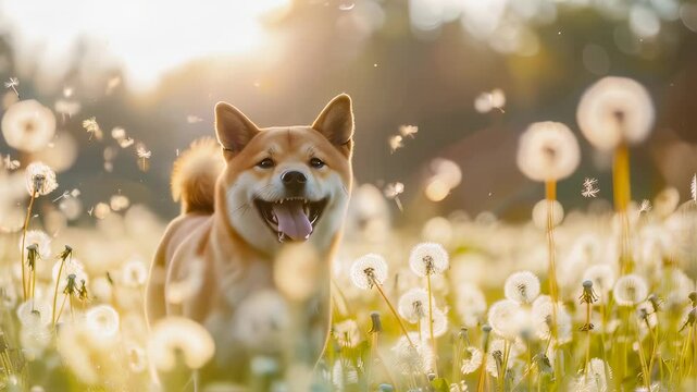 Cheerful shiba inu dog sitting among dandelion seeds, sunlight creating magical bokeh effect. Playful canine expression with open mouth, surrounded by floating seed particles.