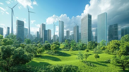 Sustainable Urban Living: Modern Architecture Integrated with Lush Green Park and Serene Water Features, Eco-Friendly Community Concept.